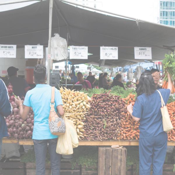 With their backs to the camera, three people are standing in front of a farmer’s market booth at the Union Square Greenmarket. There are stacks of garlic, beets, and carrots from left to right.  