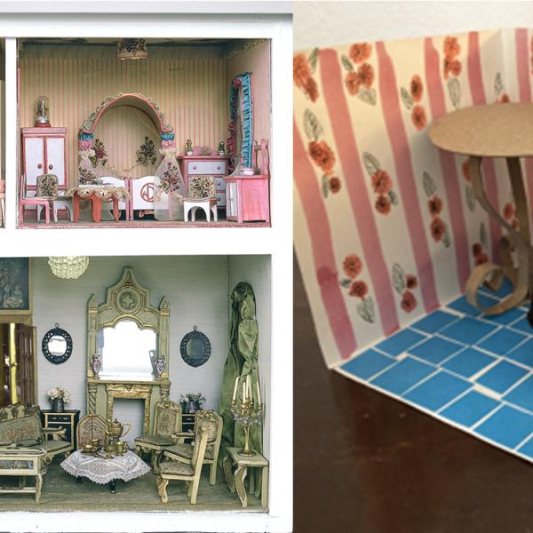 A composite image showing - Left: a photo of the colorful rooms of the Stettheimer dollhouse. Right: a tiny room and furniture made from craft materials. 