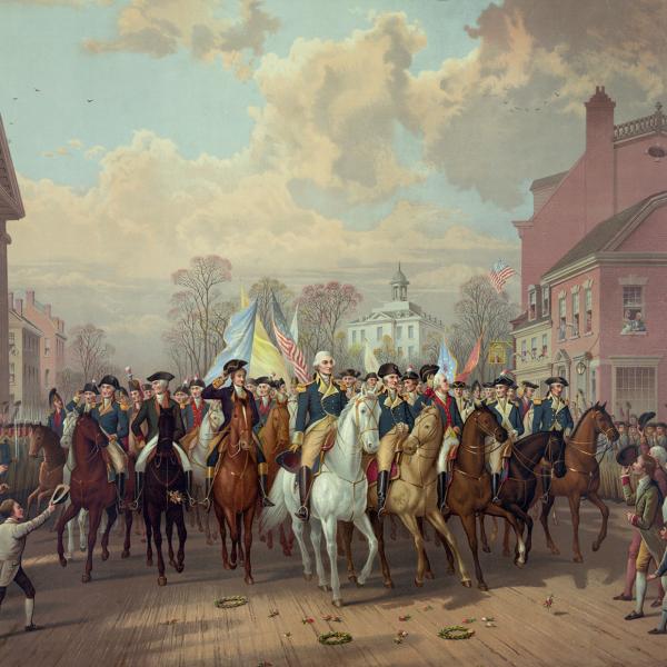 George Washington and other officers riding on horseback down a city street, with a crowd watching