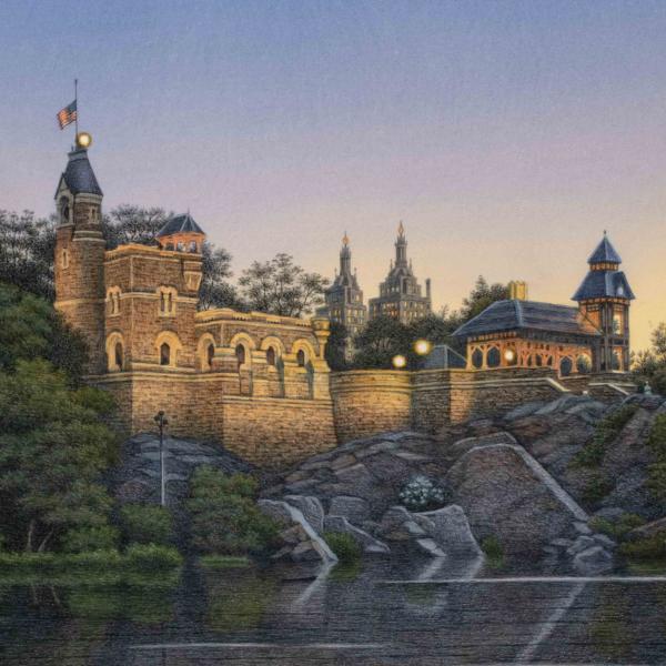 Aquarelle de Central Park montrant le château du Belvédère en été.