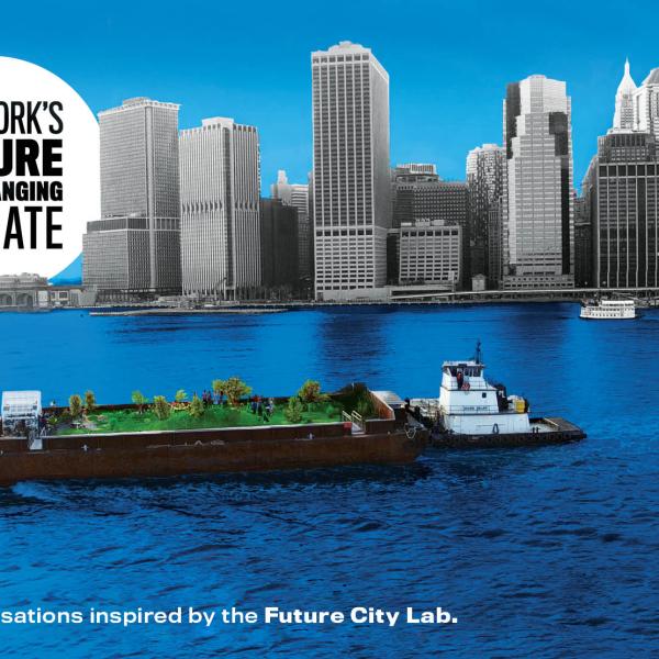 Image for the series "New York’s Future in a Changing Climate" showing the NYC coastline and a barge in the water below.