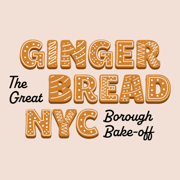 아이스 쿠키 모양의 "Gingerbread NYC" 텍스트와 "The Great Borough Bake-off: 검은색 스크립트"가 있는 그래픽.