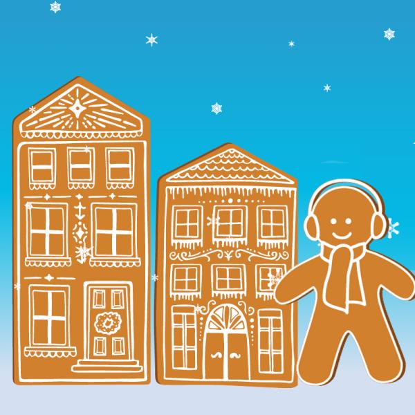 Graphic that shows two gingerbread buildings and a gingerbread person against a snowy background.