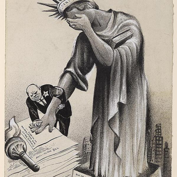 The Statue of Liberty bows her head in shame as an FBI agent records her fingerprint impressions 