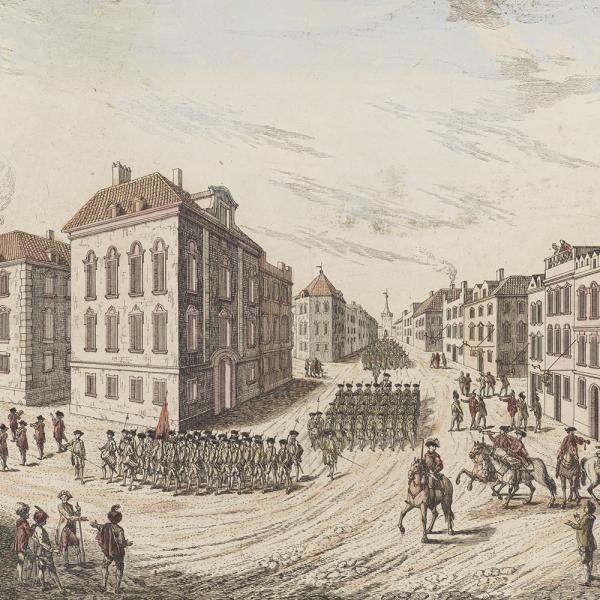 A drawing of British troops entering into New York City from 1776
