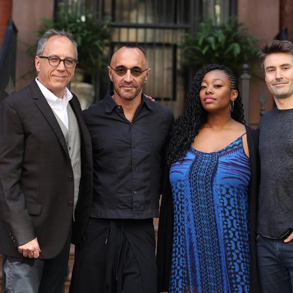 Image of David Hajdu, Theo Bleckmann, Alicia Olatuja, Dan Tepfer standing in front of a building