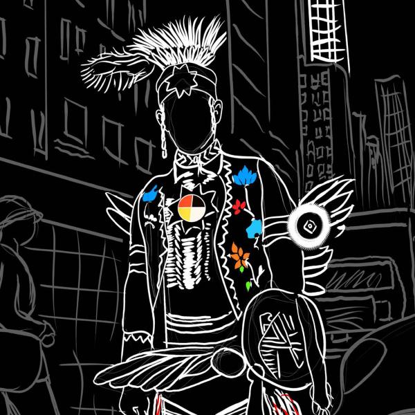 A white line drawing against a black background by artist June Lee Van Dunk