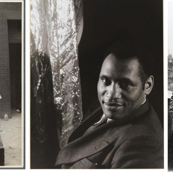 Augusta Savage with one of her pieces, Paul Robeson head shot, Langston Hughes [far left] with [left to right:] Charles S. Johnson; E. Franklin Frazier; Rudolph Fisher and Hubert T. Delaney