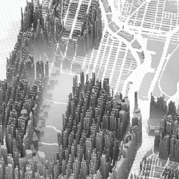 Carte du haut de Manhattan où la hauteur des cubes extrudés correspond au revenu médian des ménages, avec des sections supérieures de la matrice représentant des revenus plus élevés et des zones inférieures représentant des revenus inférieurs.