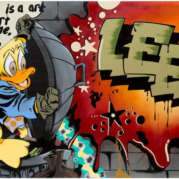 Brightly colored oil painting on canvas entitled Howard the Duck by Lee George Quiñones in the style of graffiti art. Lee’s name appears with the force of a thunderbolt on a brick wall and Howard the Duck shields himself with the lid of a trashcan. There’s a message in the top-left corner that says: “Graffiti is a art, and if art is a crime, let God forgive all.” 