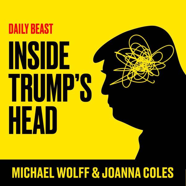 Yellow image with black silhouette of Trump's head with a spiral