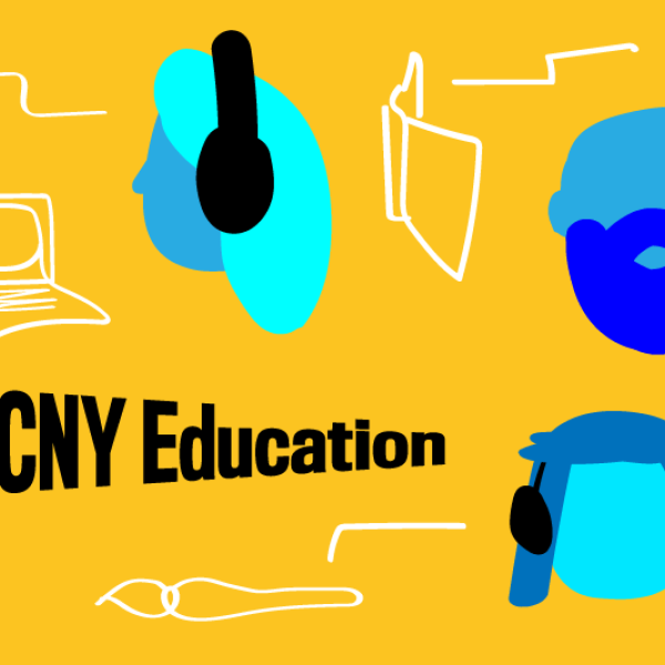 Un graphique représentant des têtes de dessins animés, colorées en bleu, portant des écouteurs, avec des fils les reliant à divers appareils numériques, dessinés en blanc. Le texte "MCNY Education" apparaît en bas à gauche en noir.