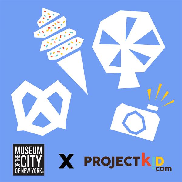Images de formes - une grande roue, un cornet de crème glacée, un bretzel et un appareil photo - qui semblent être découpées dans du papier flottant sur un fond bleu clair, avec les logos du Musée de la ville de New York et du Projet Kid.