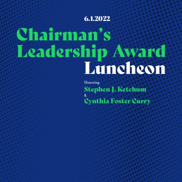 背景が青色のグラフィックとテキスト：緑と白の「会長のリーダーシップ賞の昼食会」。