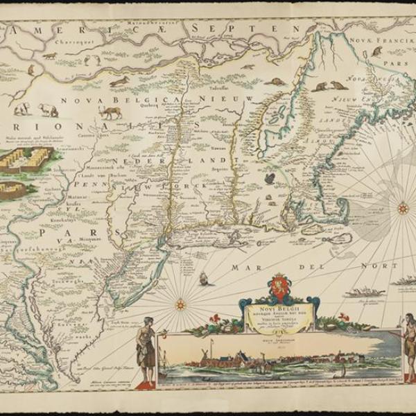 Map of early American, showing the north east with a cartouche depicting New Amsterdam.