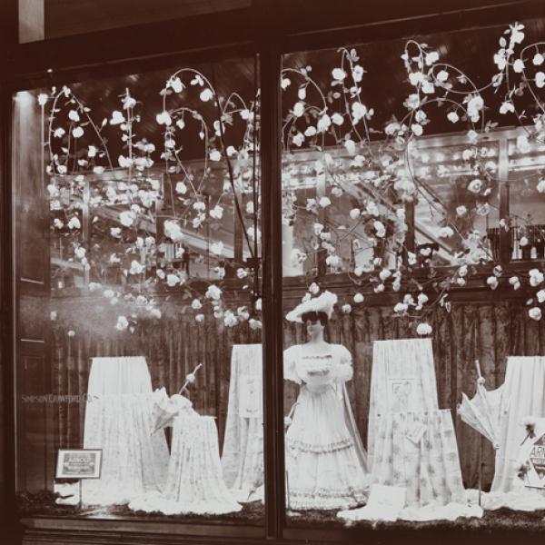 Window displays of Simpson Crawford Co. department store featuring Arnold Wash fabrics.