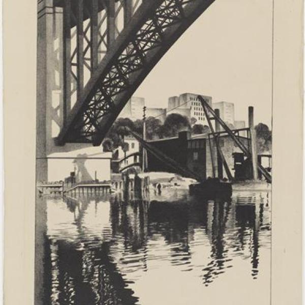 A black and white print of water flowing under a bridge.