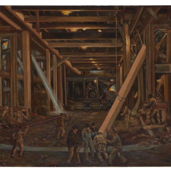 A brown-hued painting showing an underground construction scene. Several men in the foreground lift a large beam that is suspended by a rope and pully while light filters in from the street above.