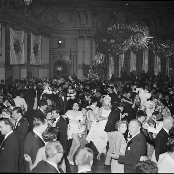Black and white photograph of the dance floor at  the Art Students League Ball