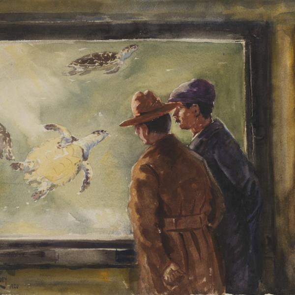 Watercolor of two men in trench coats viewing a turtle tank