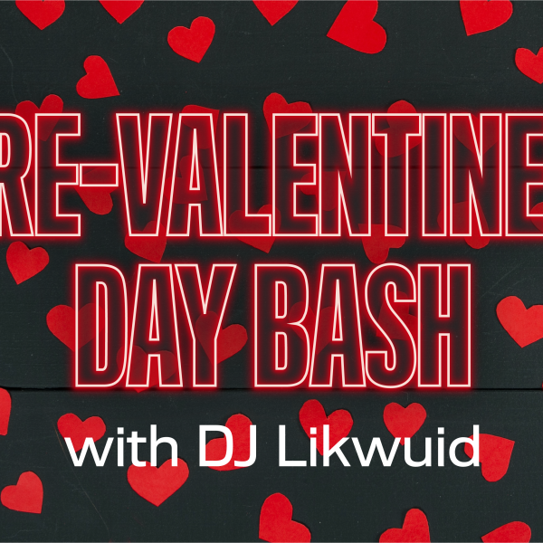 Imagem de fundo preto com corações vermelhos com o texto "Pré-Dia dos Namorados com DJ Likwuid
