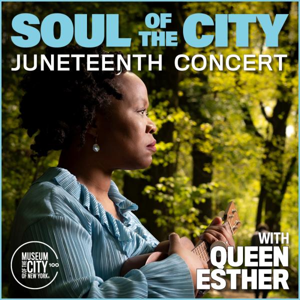 Imagem de Mulher de camisa azul com violão e tres ao fundo. O texto diz, Soul of the City Juneteenth Concert com a Rainha Esther