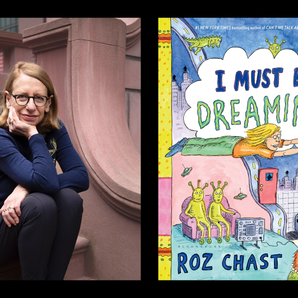 Left: Image of Roz Chast sitting on brownstone porch Right: Color graphic Book cover of "I Must be Dreaming" 