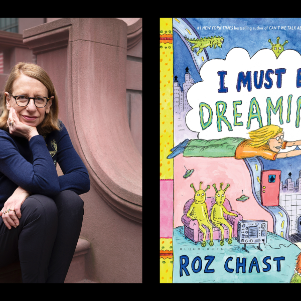 Izquierda: imagen de Roz Chast sentada en un porche de piedra rojiza Derecha: gráfico en color Portada del libro "I Must be Dreaming"