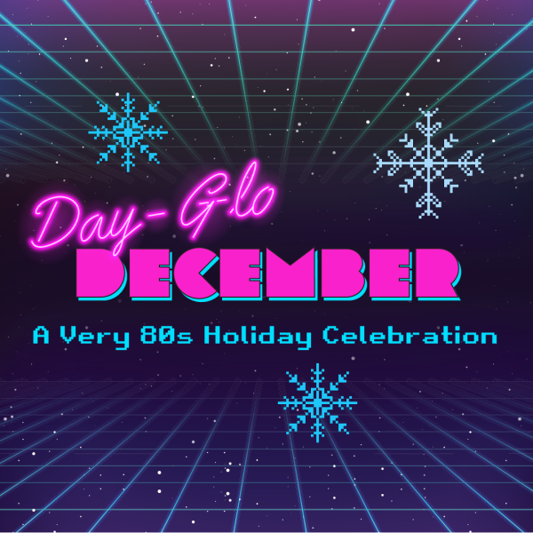 Image graphique avec plusieurs flocons de neige pixélisés et les mots "Day-Glo December: A Very 80s Holiday Celebration"