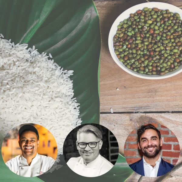 A pile of uncooked white rice on top of a green leaf. To the right is a bowl of uncooked beans. On the lower right corner is a headshot of  Priya Krishna, Chef JJ Johnson, Oscar Lorenzzi, and  James Gonzalez Anisha Rathod