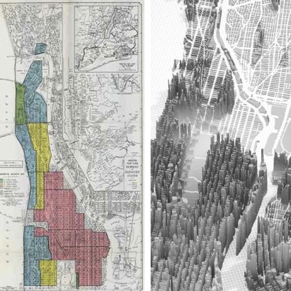 Two maps of New York City – one a residential zoning map used by banks in the 1930s and the other an artistic rendering from 2019 – that offer two different looks at economic disparities in the city. o images is in the email that accompanies this request. 