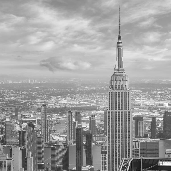 A black and white photograph of buildings in New York City