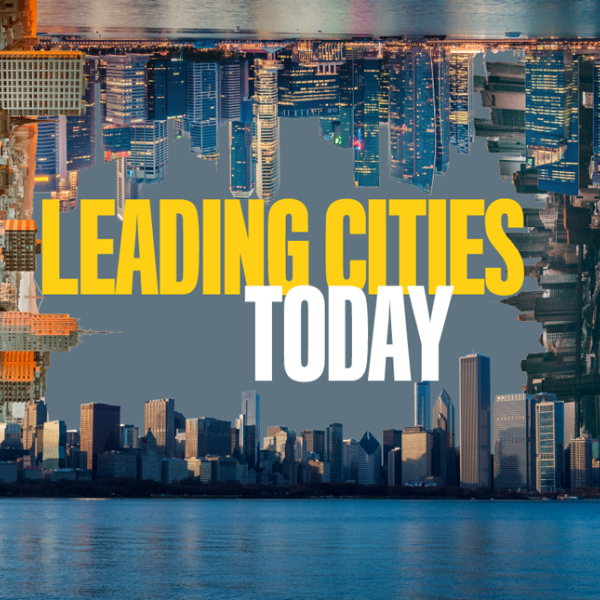In the center of the image, there is yellow text that reads “Leading Cities” and directly underneath white text that reads “Today.” On each of the borders is a skyline of skyscrapers from different cities. 