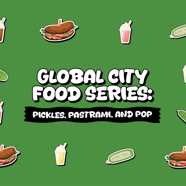 Cartoon sandwiches, soda, and pickles 