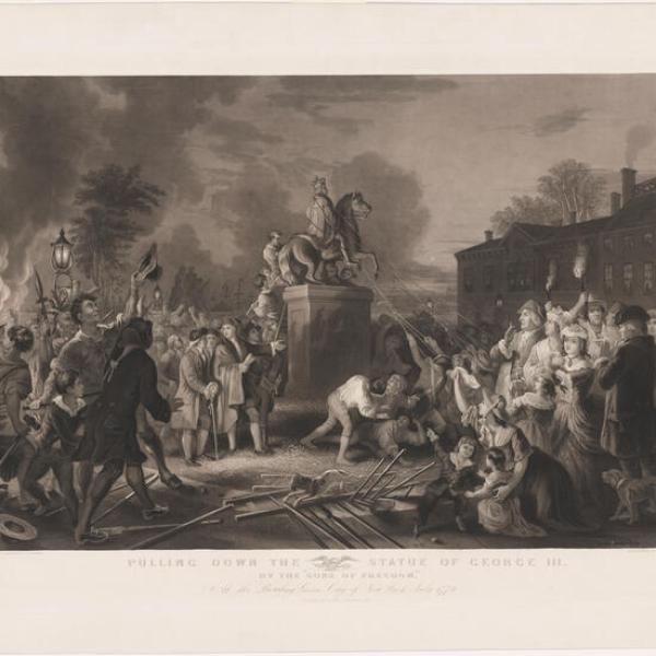 A black-and-white print from 1859 depicting a nighttime scene of an angry crowd of New Yorkers from the colonial period pulling down an equestrian statue of King George III.