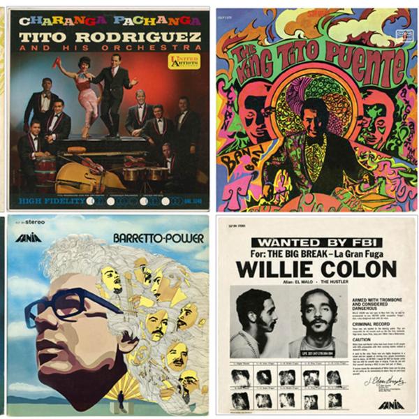Las portadas de ocho álbumes populares de música de salsa dispuestos en una cuadrícula