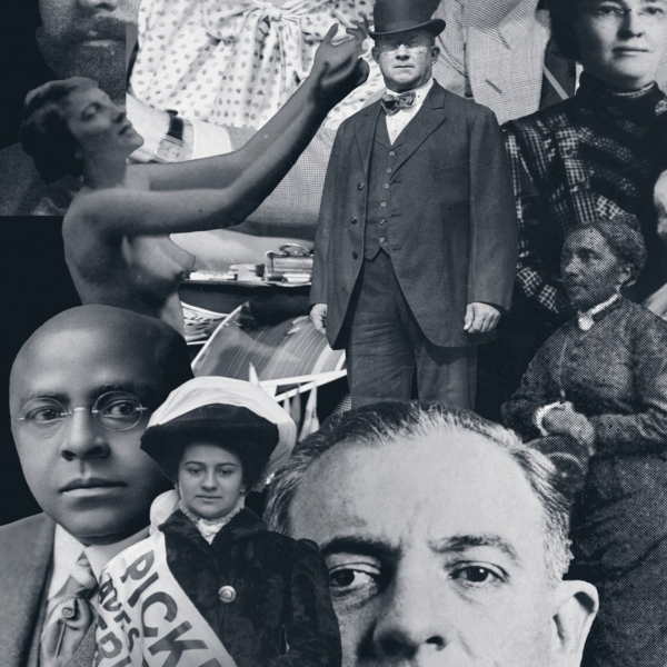 "The New Yorkers" book cover by Sam Roberts. Collage of different important New York figures in black and white