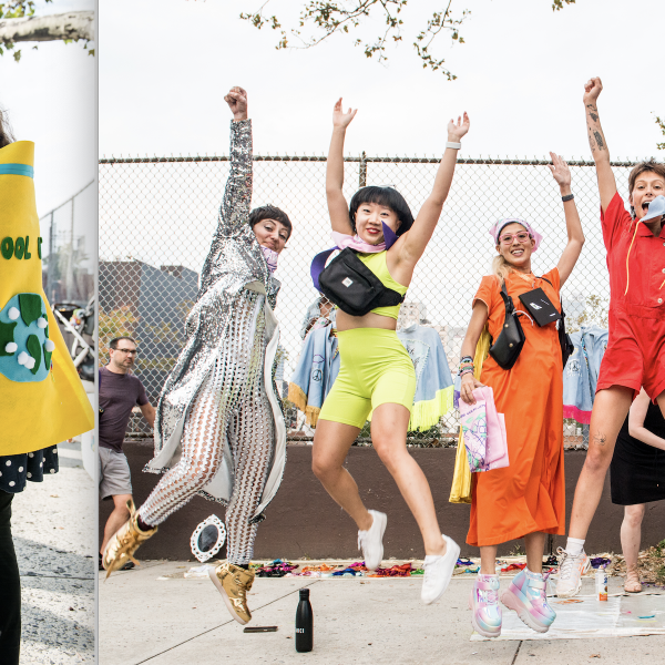 Left image: Two children standing side by side with their backs turned to the camera. Child on the left wearing a green cape with star and the letter “A” stitched on. Child on the right wearing a yellow cape with a design stitched on to it.      Right image: Six people posing together in the middle of an air jump. 