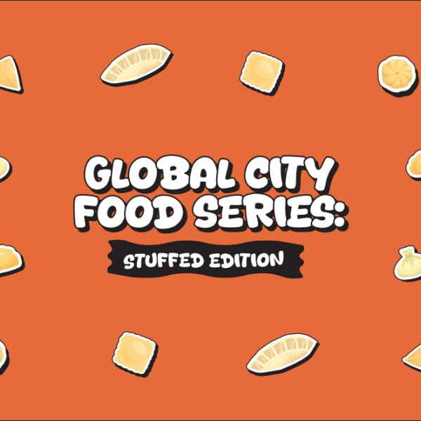 Bubble letters with dumplings and empanadas