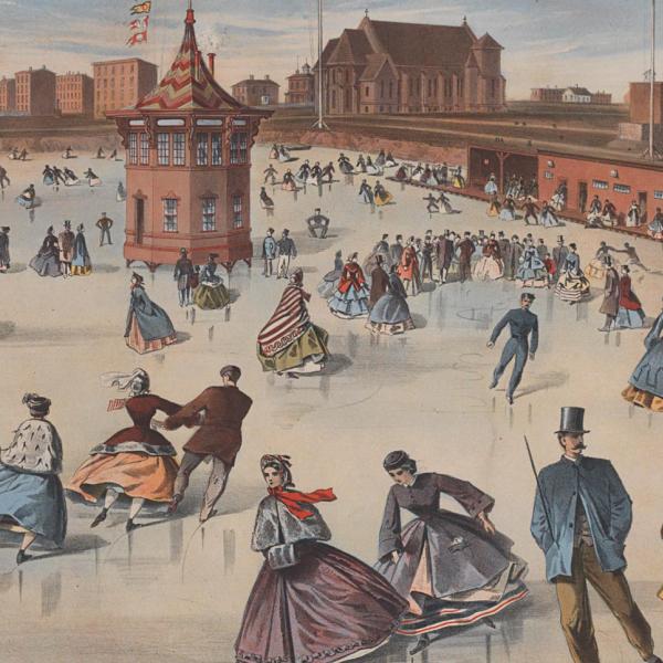 Meados de 1800, impressão de pessoas patinando em uma grande pista. Edifícios da cidade são visíveis em segundo plano.