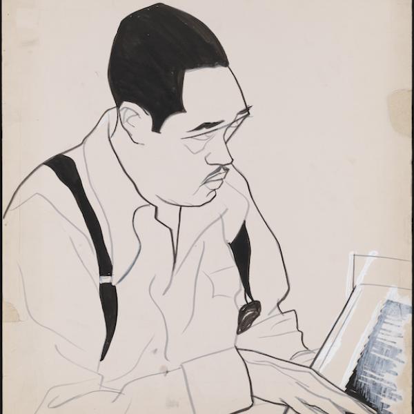 Dessin de Duke Ellington devant un piano.