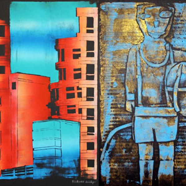 Four paintings done by students in NYC. Paintings are of landmarks, buildings, and everyday life in the city