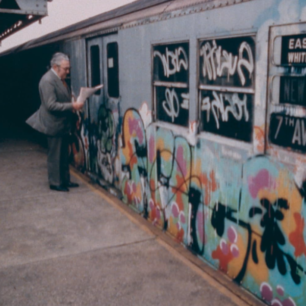 Deux hommes plus âgés en costume lisent des journaux sur un quai de métro devant une voiture de métro couverte de graffitis.