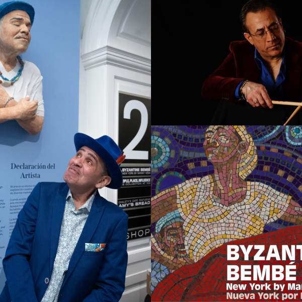 A man looking up at a mural, a man playing drums, the cover of a book