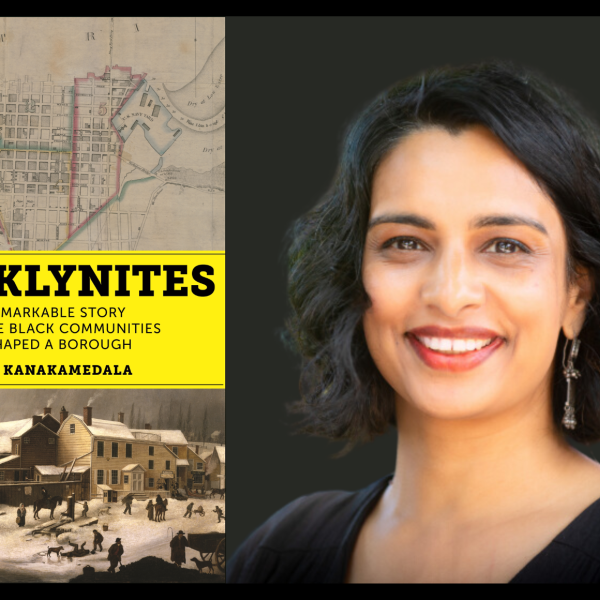 A cover of a book entitled Brooklynites next to an image of a woman smiling 