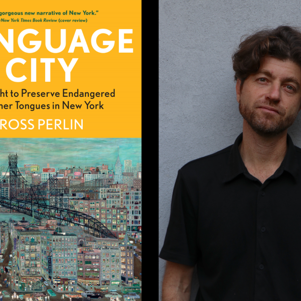 A book cover entitled Language City next to a man smiling 