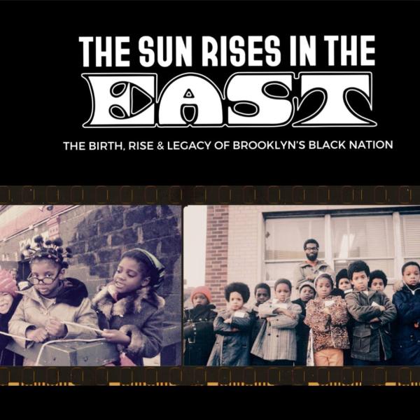 标题“太阳从东方升起”和黑色背景上的 70 年代黑人儿童图像。
