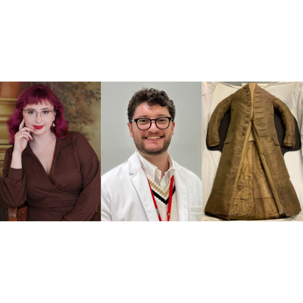 Two people smiling next to traditional clothing of George Washington