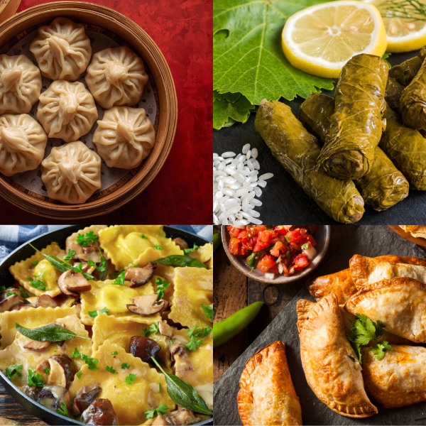 Multiple pictures of stuffed food 