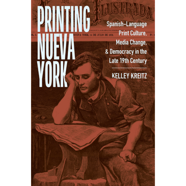 A book cover that has a man sitting down with the words Printing Nueva York